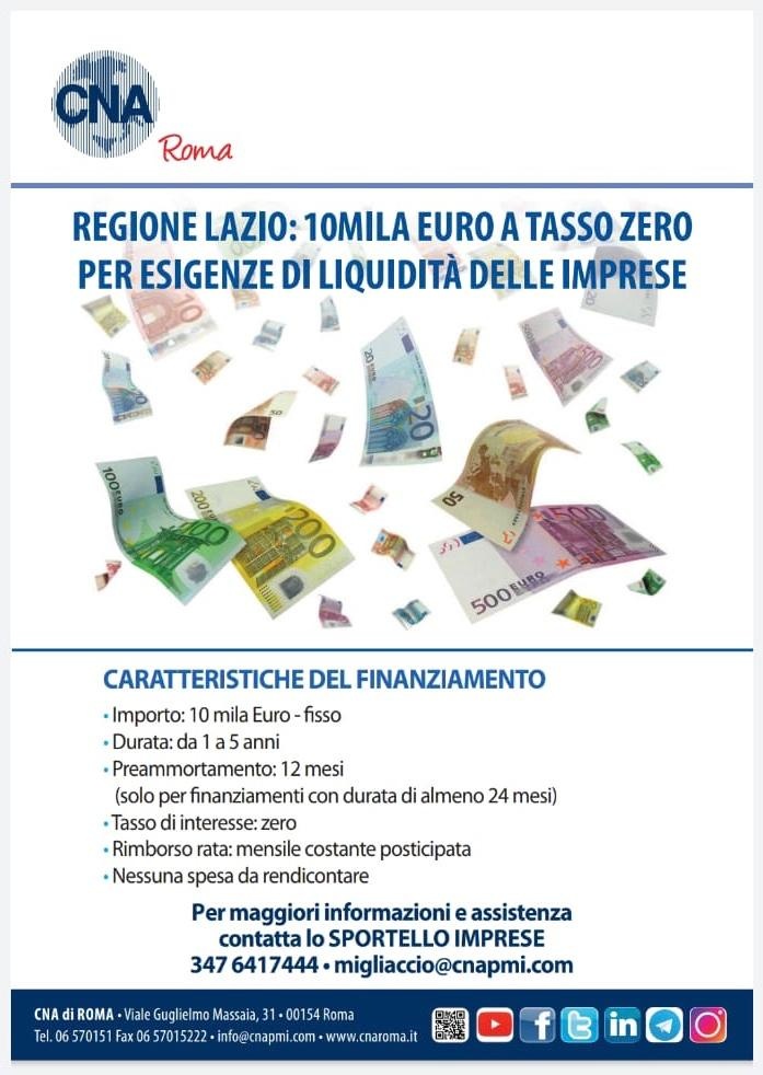 Finanziamento Regione Lazio - 10mila euro a tasso zero per esigenze di liquidità delle imprese